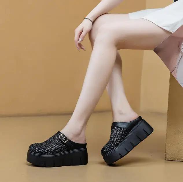 Fashion 7CM Synthetic Microfiber Leather Platform Wedge High Brand Slipper Hollow Slip On Breathable Women Sandals Round Toe Shoes