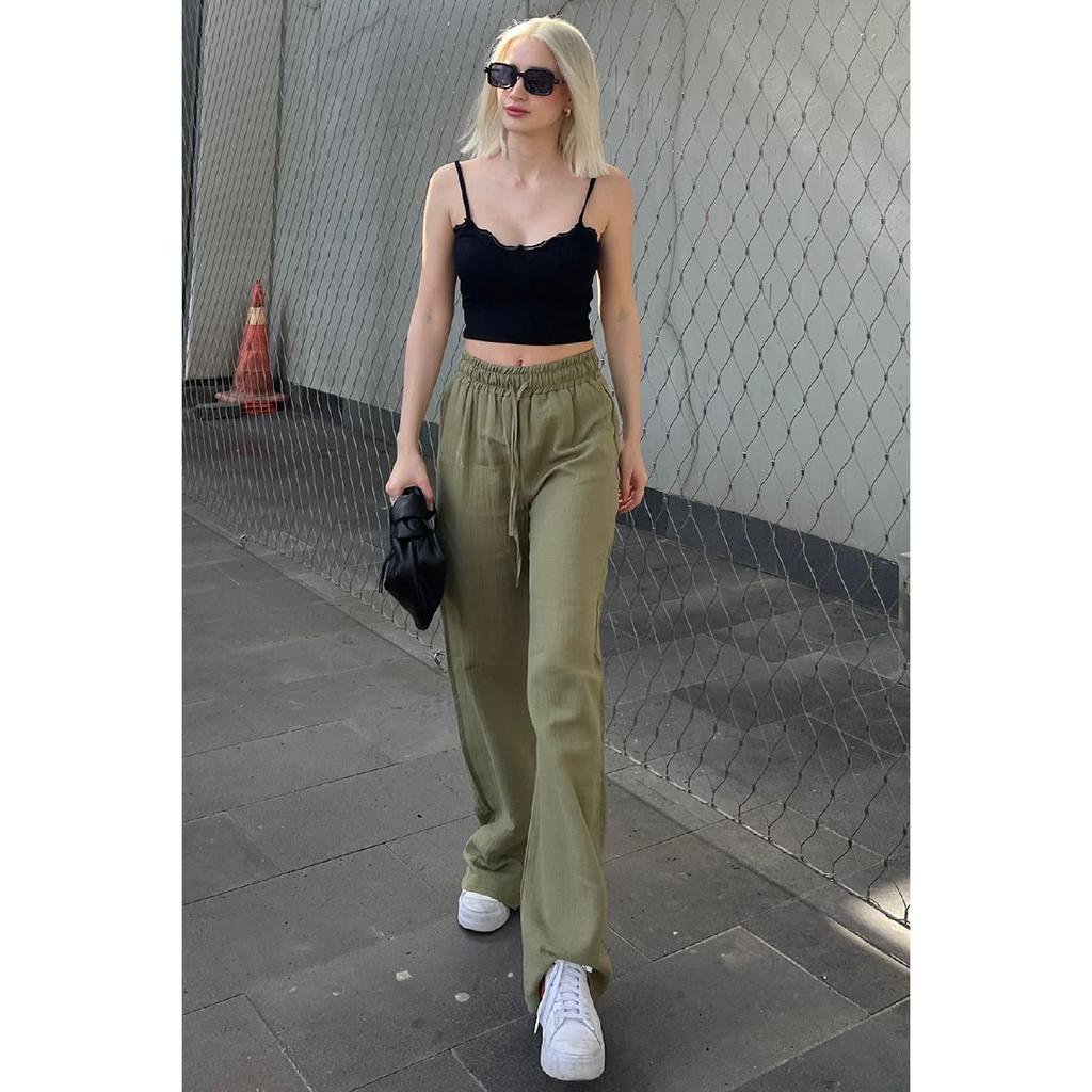 Grüne Weitbeinige Musselin Damen Hose Mg1980