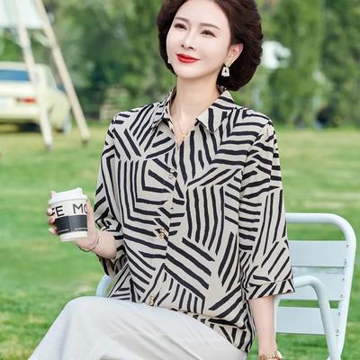 Women's Collared 3/4 Sleeve Blouse Abstract Striped Print Loose Fit Casual Daily Tops