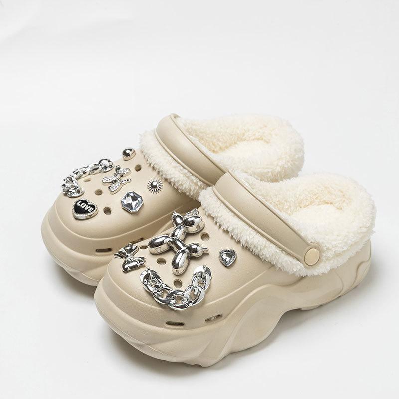 New velvet hole shoes women's winter non-slip outer wear cotton shoes heightened thick-soled home removable cotton slippers