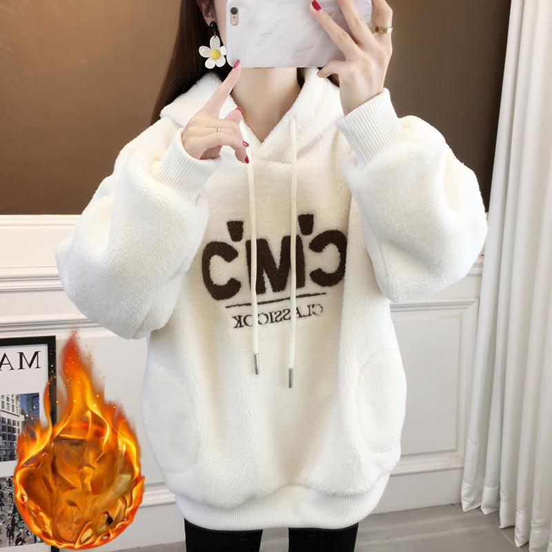 

Женский теплый свитшот с капюшоном из шерсти ягненка с вышивкой, новый корейский свободный топ, уменьшающий возраст, утолщенная куртка на осень и зиму M