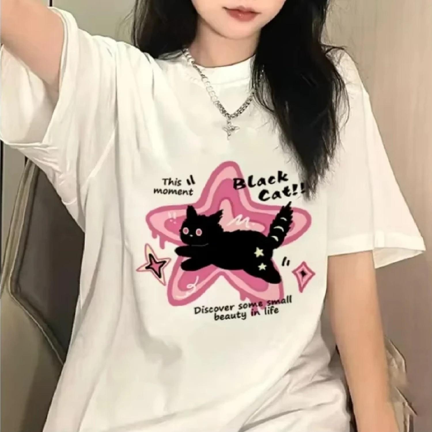 

American Cat Heavyweight Short Sleeve T-shirt for Women 2025 New Summer Trend Half Sleeves Fashion Brand Design Top Harajuku XXXXXL білий
