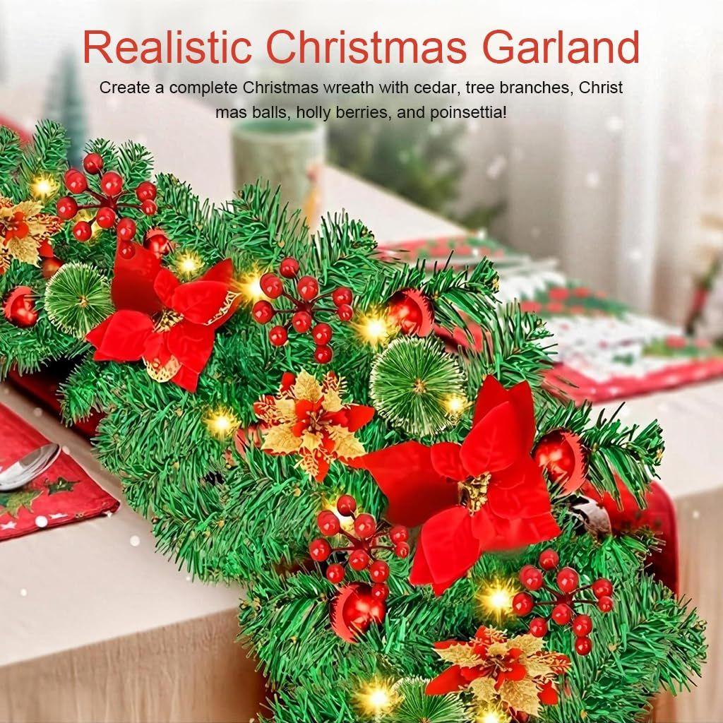 Christmas Garland with Red Flower, Balls, Berries, Snowy Pine Artificial Garland for Indoor Outdoor Home Fireplace Decoration