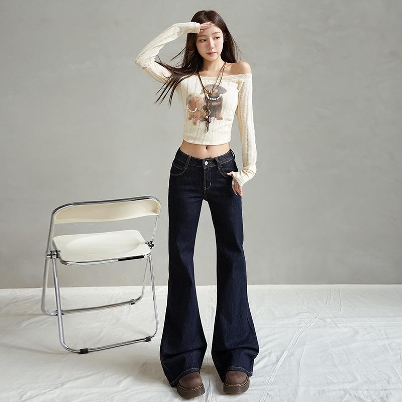 Women's Dark Blue Low-Rise Micro Flare Jeans - Autumn 2025 Slim Fit, Stretch Bell Bottoms