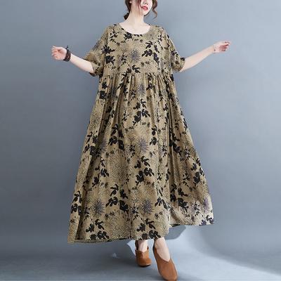 Vestidos Tamanho Grande Algodão Estampa Floral Vintage Manga Longa Primavera Outono Para Mulheres Casual Solto Elegante Vestido Praia Robe Femme