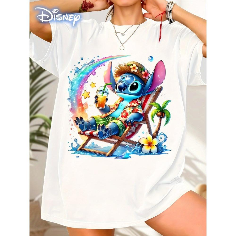 

2026 New Tropical Style Stitch Beach Graphic Print High Quality Fashion Womens Loose Plus Size Short Sleeve S