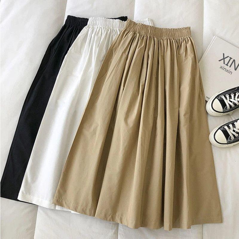 2025 Hong Kong Style Pure Cotton Midi Skirt: Solid Color, Korean-Inspired, Slimming, Versatile, Loose Fit for Summer