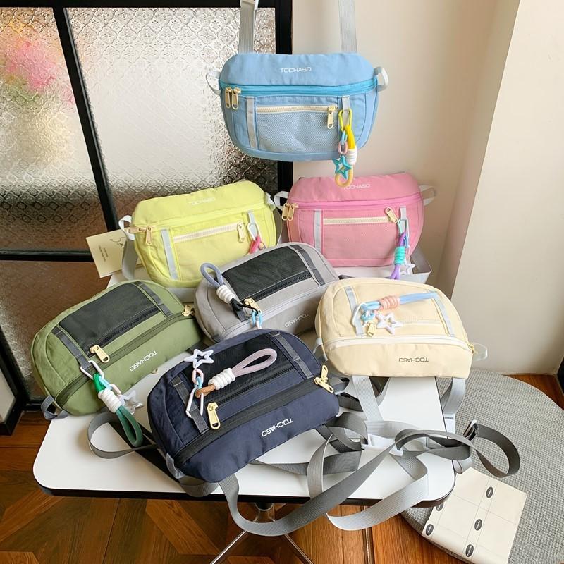 Blocking Fashionable Color Design Letter Printed Kid Shoulder Bag With Pendant