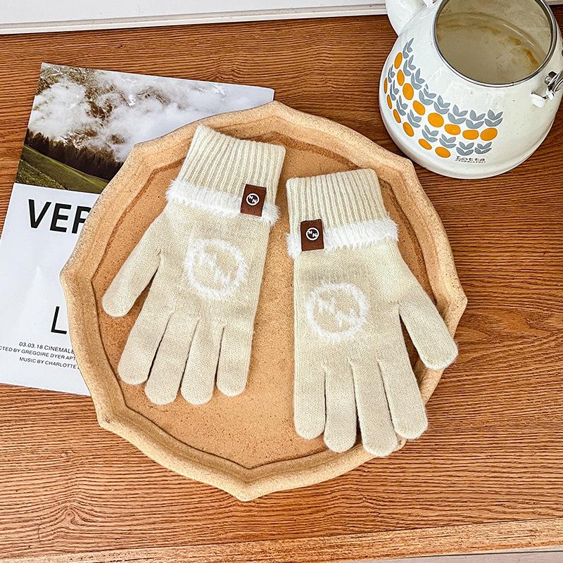 Knitted Wool Gloves Winter Warm Touch Screen Cute New Cartoon Cold-proof Men and Women Five-finger Label Style