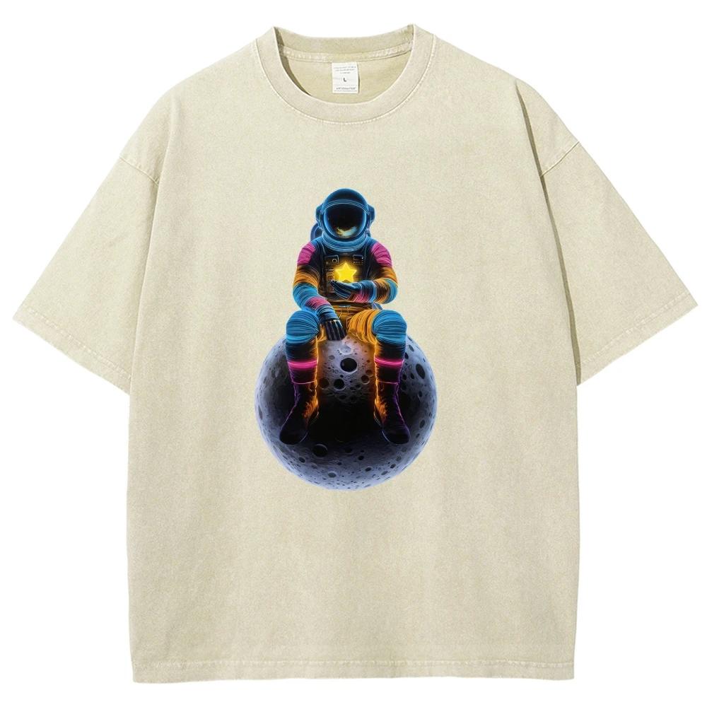 Unisex Fit Washed T-Shirt Cool Astronaut Tees Shirts Men Women Short Sleeve T-shirts Cotton Oversized T-shirt