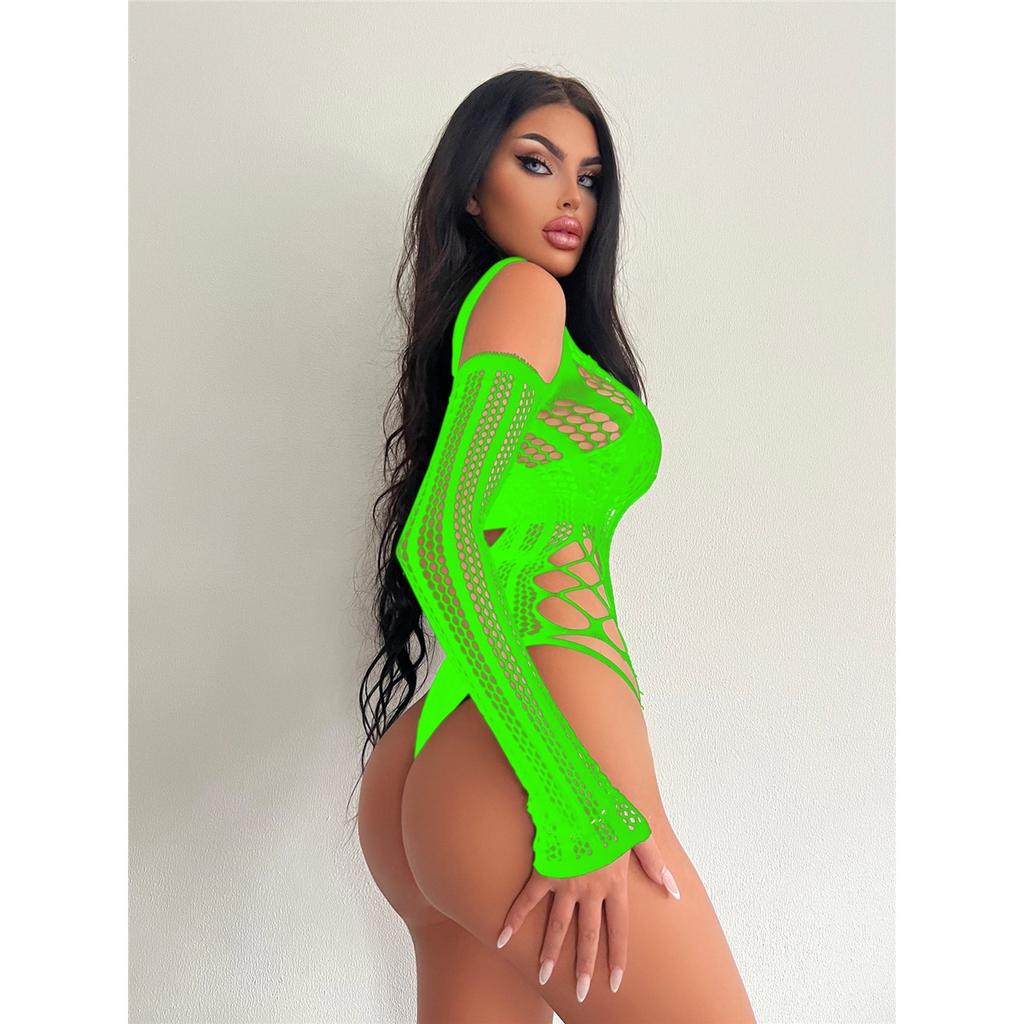 Women Mesh Lingerie Bodysuit Long Sleeve Hollow Out Fishnet See‑through Jumpsuit Sexy Exotic Clubwear Nightwear Intimate Outfit