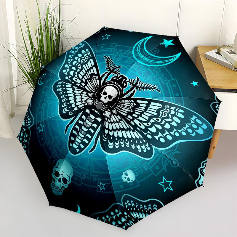 Gothic Moth Skulls Crescent Moon Stars Umbrella, Portable 3-Fold Umbrella for Men & Women,Christmas Gift ES261