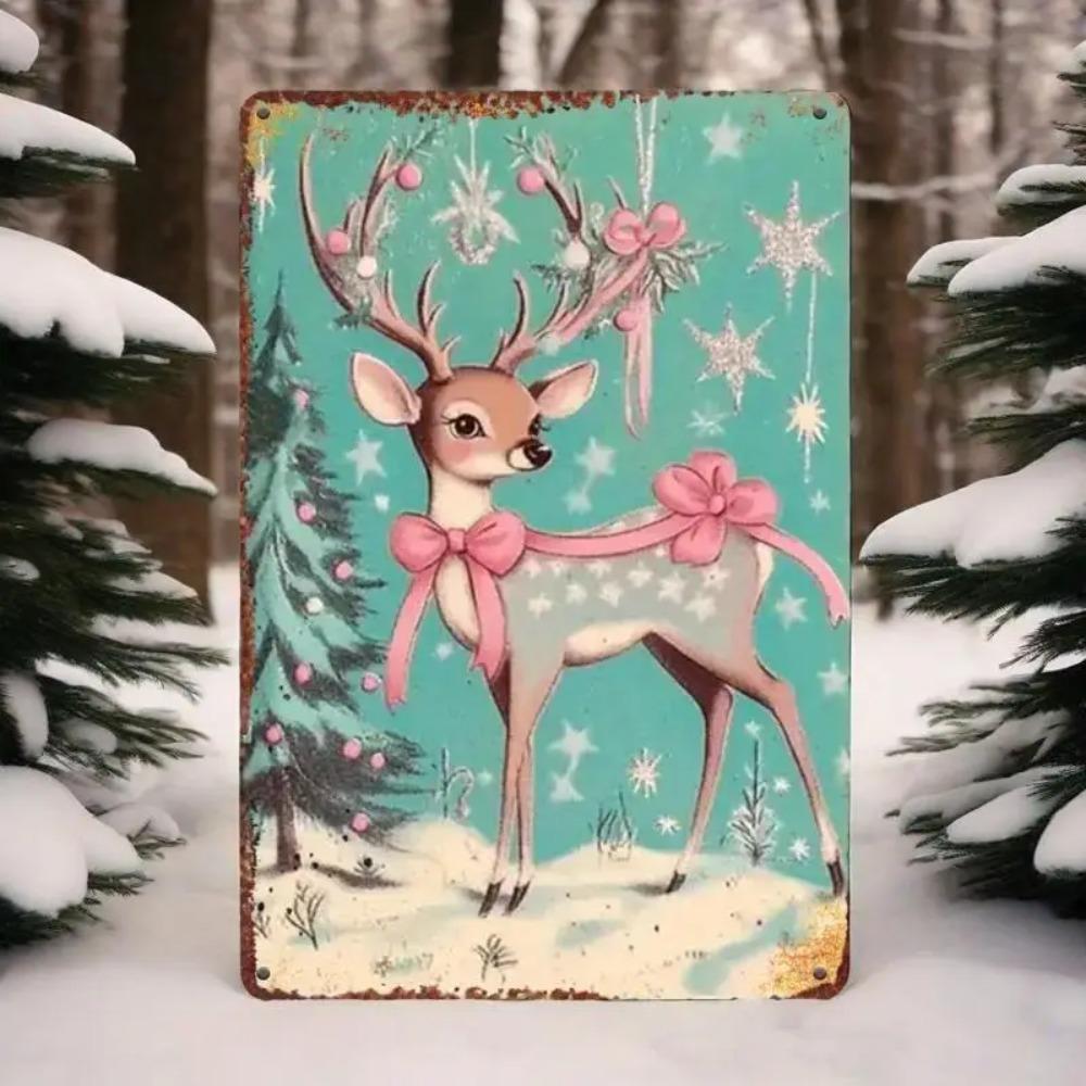 Vintage Pink Santa & Deer Iron Sign for Outdoor Yards & Porches, Unique Holiday Gift