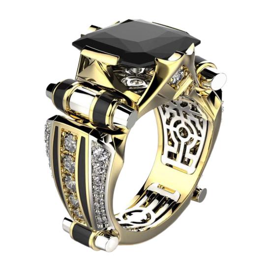 Women Ring Faux Square Crystal Two-tone Vintage Cool Punk Gift Hollow Bling Cubic Zirconia