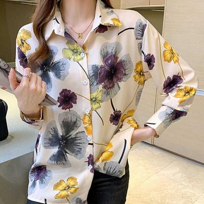 Women's Floral Print Vintage Elegant Button Up Shirt Korean Fashion Long Sleeve Office Lady Blouse Casual Loose Chic Tops Blusas