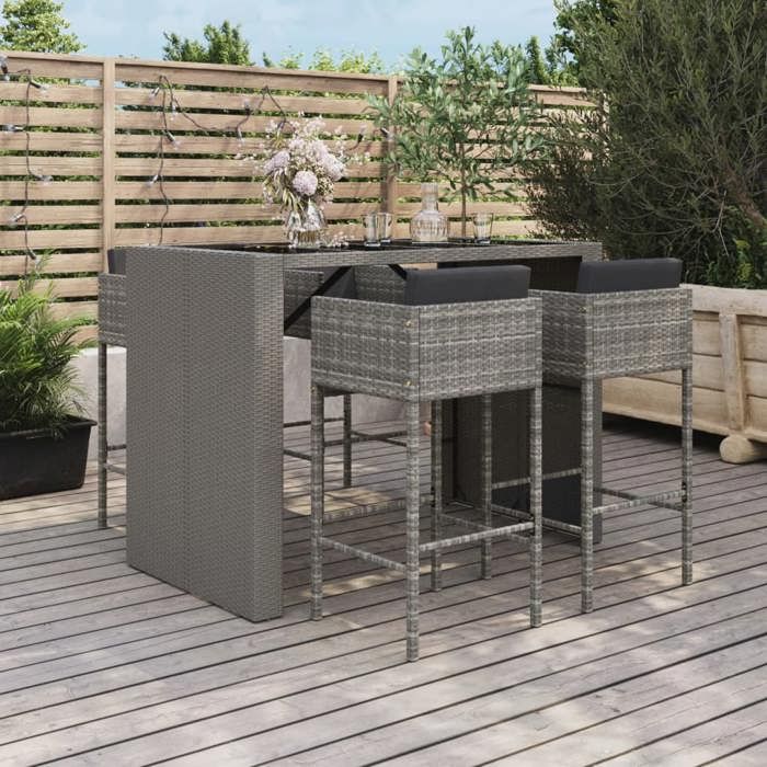 VidaXL Ensemble de bar de jardin 5 pcs avec coussins gris poly rotin, ensemble de table de bar, table et chaise de bar, 3200668