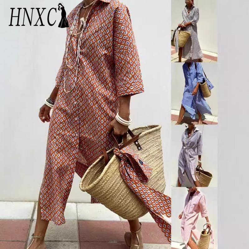 HNXC Women's Fashion Summer Spring 3/4 Sleeve POLO-Neck Casual Dresses