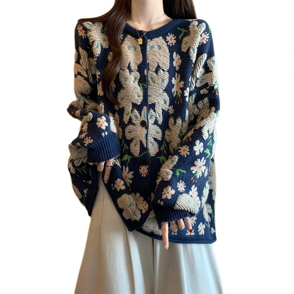 Big Size Women's Fall and Winter New Cardigan, Long-sleeved Floral Sweater Fashion Loose Models Sweater Knitwear