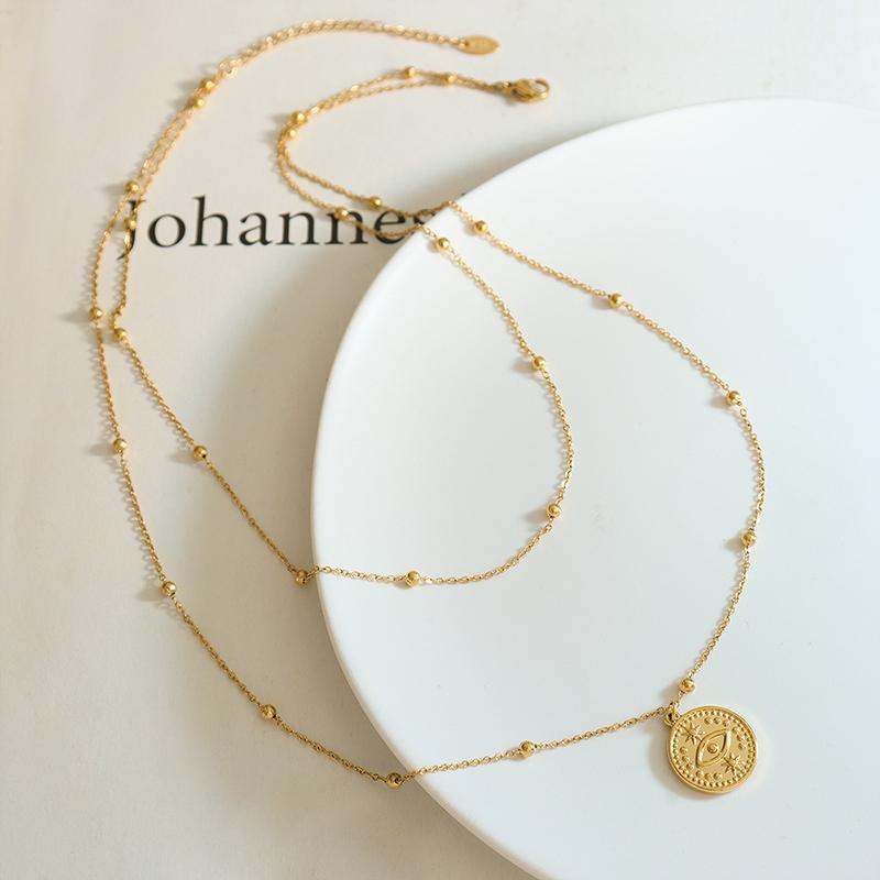 Fashion Simple Design Necklace Stainless Steel Plated 18k Gold Double Round Pendant Necklace