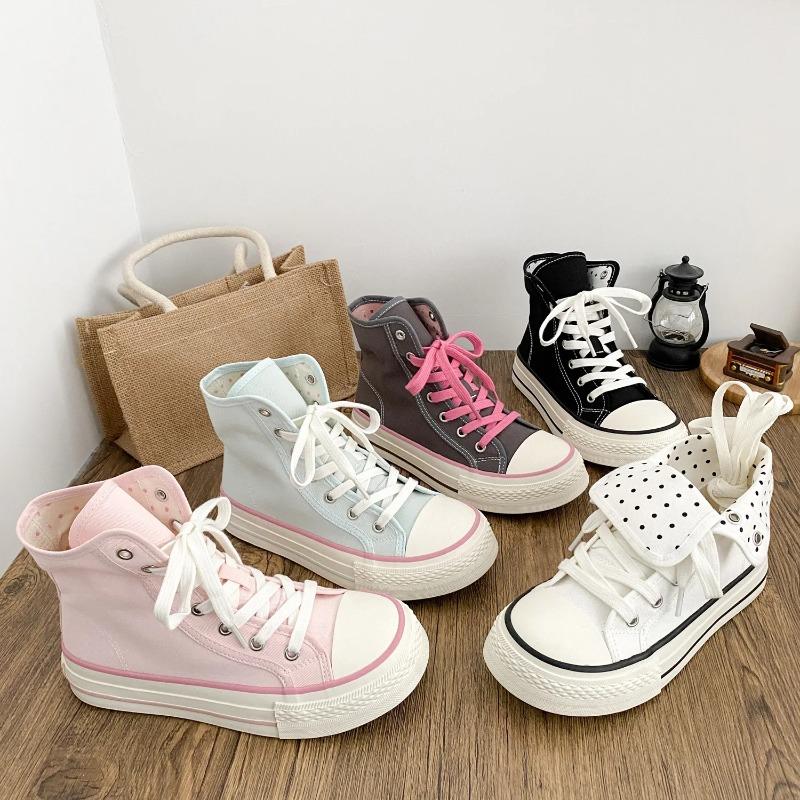 Fresh Women Canvas Shoes High Flat Canvas Sneakers Lace Up Student Black Sport Shoes Pink Girls Shoe Summer