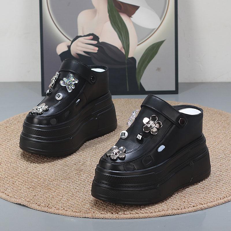 Fashion 12CM Baotou Half Slippers Female Summer Wear 2025 New Breathable Shoes Thick Sole Inside Elevation Sandals Designer Sandals