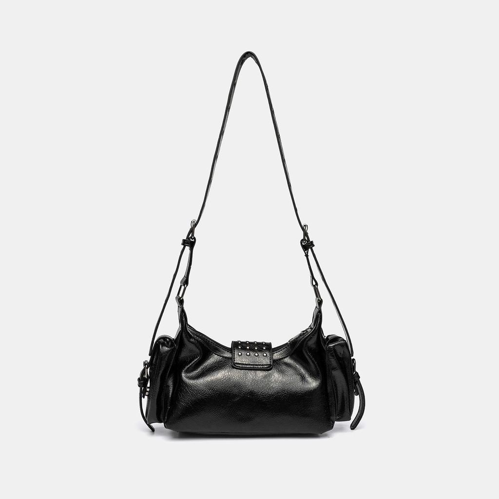 Niche Distressed Leather Single-Shoulder Bag with Personalized Rivets, Workwear Style Underarm Crossbody Bag