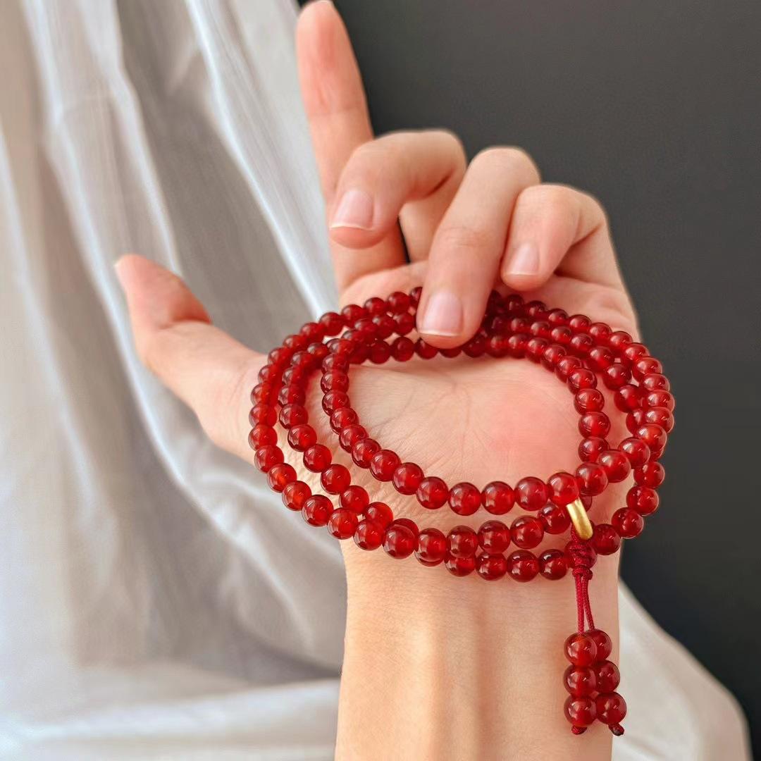 Retro Natural Pigeon Blood Red Chalcedony Agate Bracelet Buddha Bead Multi-Circle Bracelet.