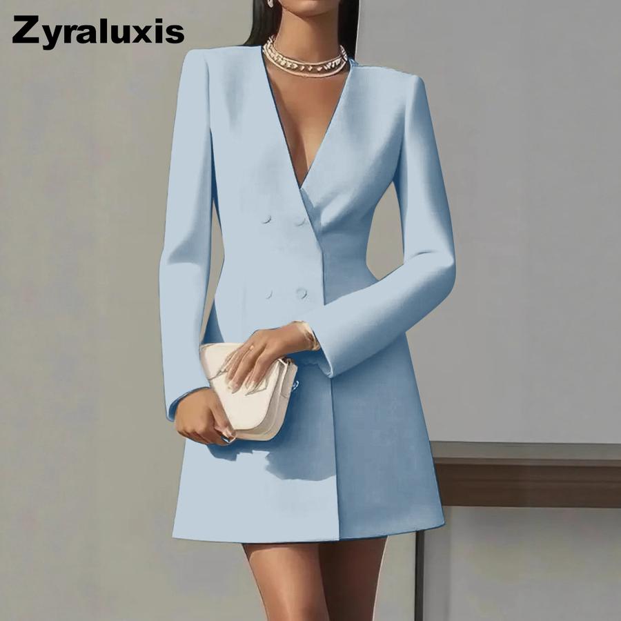 Hot Selling Overseas Long Sleeve Double Row Button Solid Color V-Neck Suit Dress for Girls