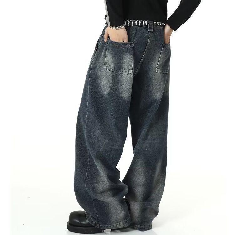Men's American Retro Wide-Leg High Street Washed Jeans - Loose, Casual, Large-Size Trousers