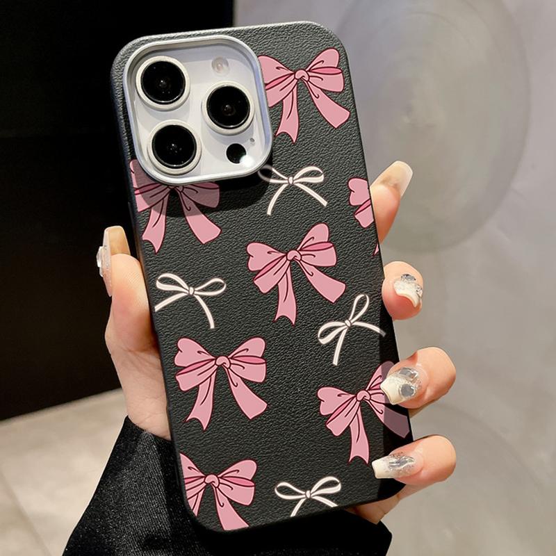 Cute Pink Bow Phone Case For iPhone 16 Pro Max Coque for iPhone 15 14 13 Pro Max 16e Magnetic Leather Texture Silicone Case Cover