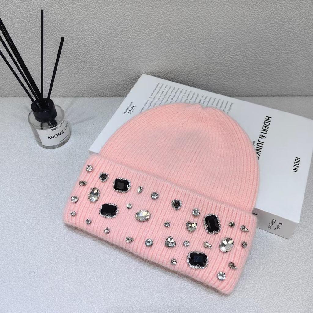 Rhinestone Rabbit Wool Hat for Women In Autumn and Winter White Big Head Knitted Hat Showing Face Small Northeast Wool Hat Cold Hat