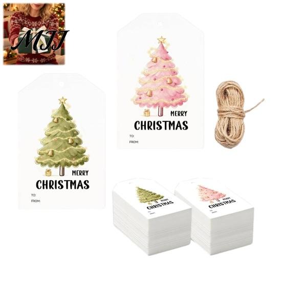 Christmas Package Accessories 60 Pcs Tree Gift Tags with Hemp Rope, Watercolor Xmas Coated Cardboard Winter Holiday Paper Tags, Merry Hanging