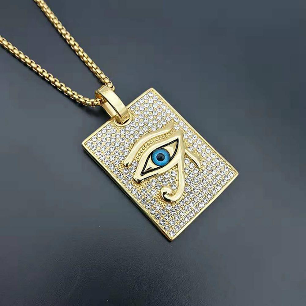Egypt Iced Out Bling Oko Hórovo Přívěsek Zlatá Barva Nerezová Ocel Velký Čtvercový Náhrdelník pro Muže Egyptské Šperky Pánský Dárek 2025