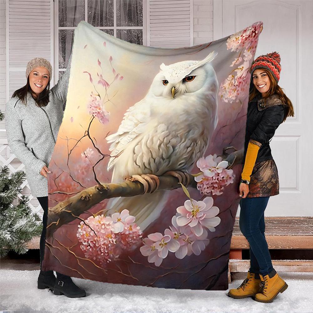 1pc Cherry Blossom Owl Outdoor Blanket - Lightweight Flannel Throw For Travel, Camping, Livingroom, Couch, Chair yy251114196