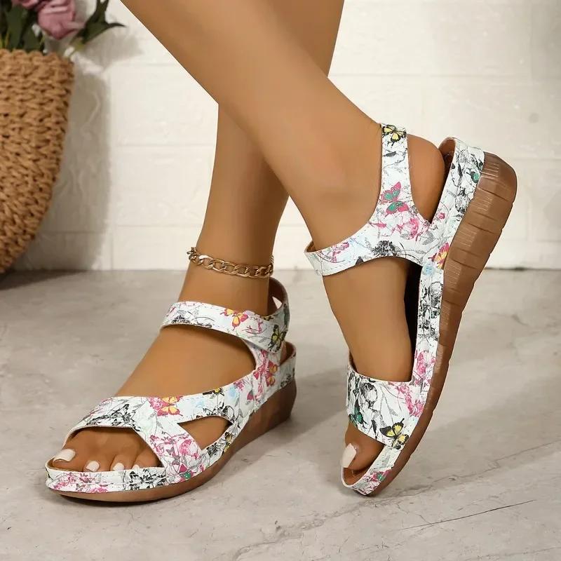 Summer Women's Thick-soled Open-toe Sandals with Luxurious Printed Designs, Outdoor Comfortable and Anti-slip Walking Shoes