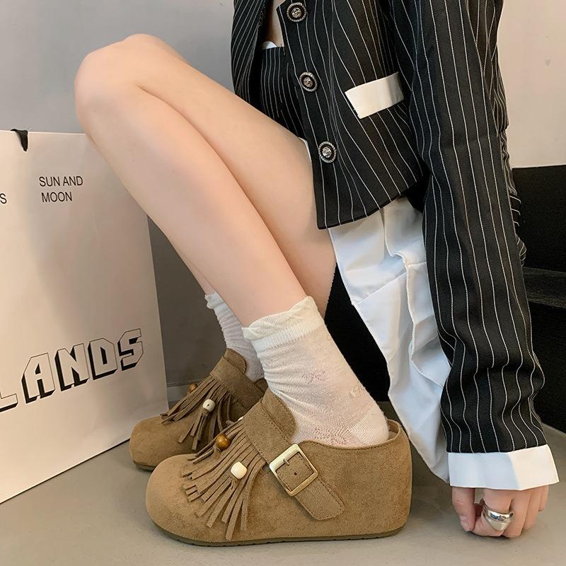 Sheepskin Board~ Boken Single Shoes Women's Height Increase New Ugly and Cute One-pedal Thick-soled Retro Bag Head Half Slippers