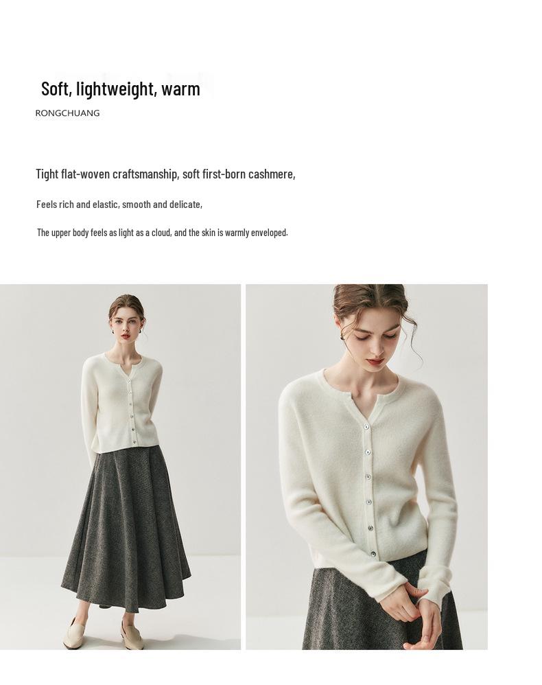 Women's Solid Color Cashmere Cardigan - Round V-Neck, Single-Breasted Wool Sweater for Autumn/Winter.