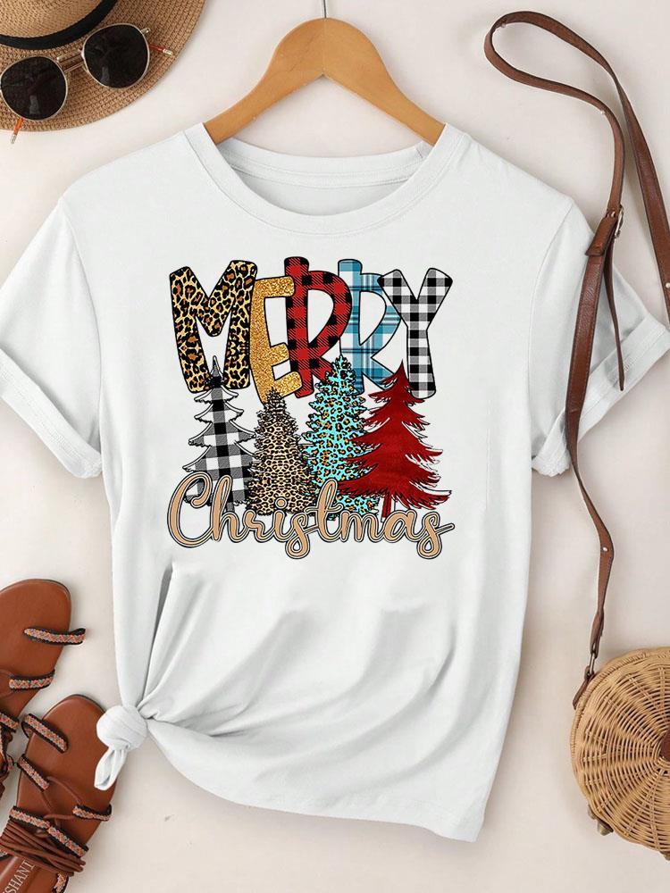 (Asian Size)  Merry Christmas Tee Top Festival New Year Holiday Casual Lovely Letter Cute 90s Women Print Lady Short Sleeve Fashion Graphic T-shirts