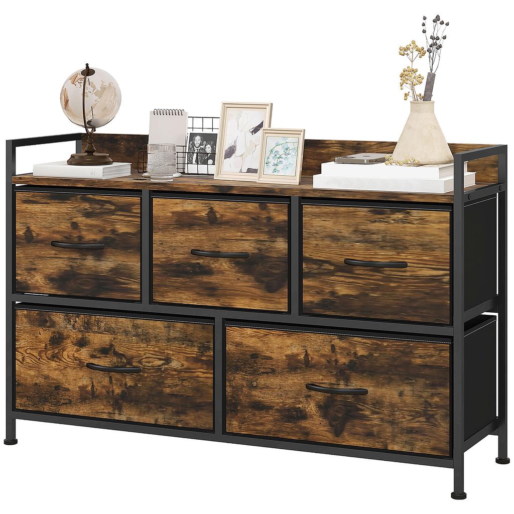 Fabric Chest of Drawers with 5 Drawers and Metal Frame, Industrial Style for Living Room or Hallway, 98x29x63 cm, Rustic Brown