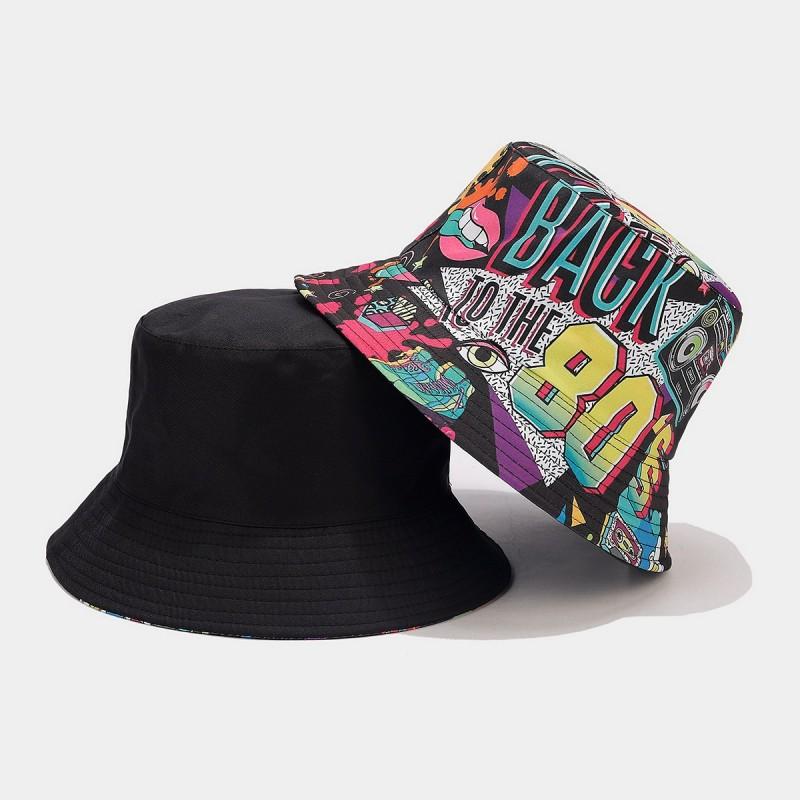 Europäischer und Amerikanischer Retro Klassiker 80er 90er Party Fischerhut Unisex Mode Graffiti Wendbarer Fischerhut