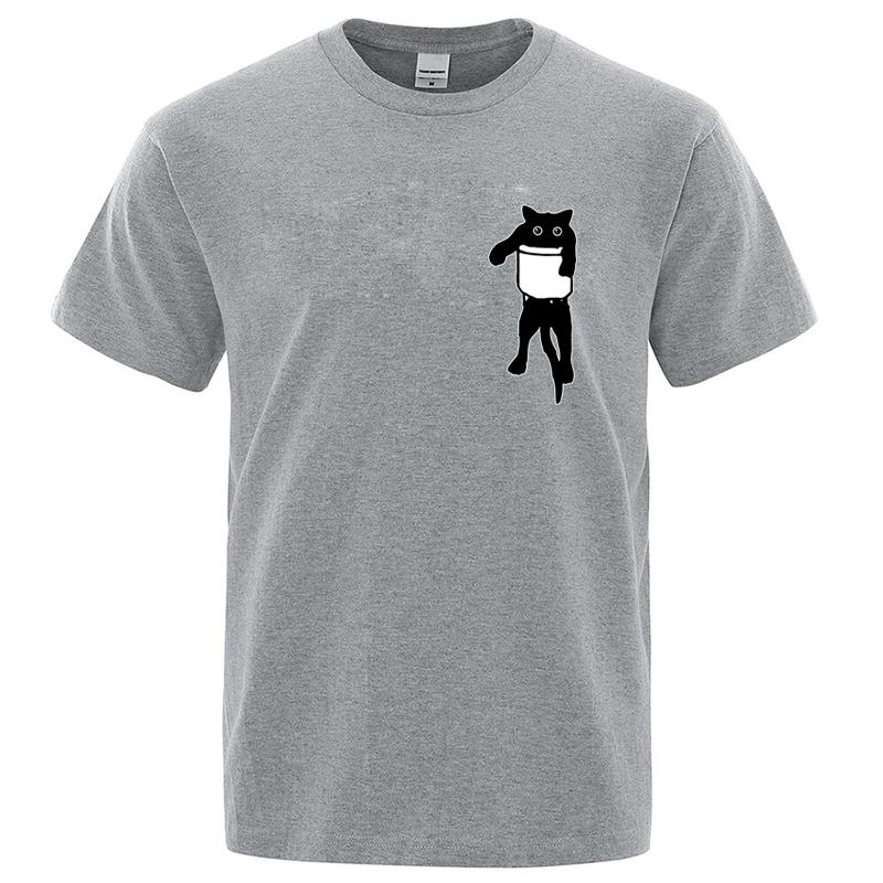 Summer Mens High Quality Tshirt 100 Cotton Funny Pocket Cat Print Men Loose Cool Oneck T Shirt for Men Short Sleeve Male Tee