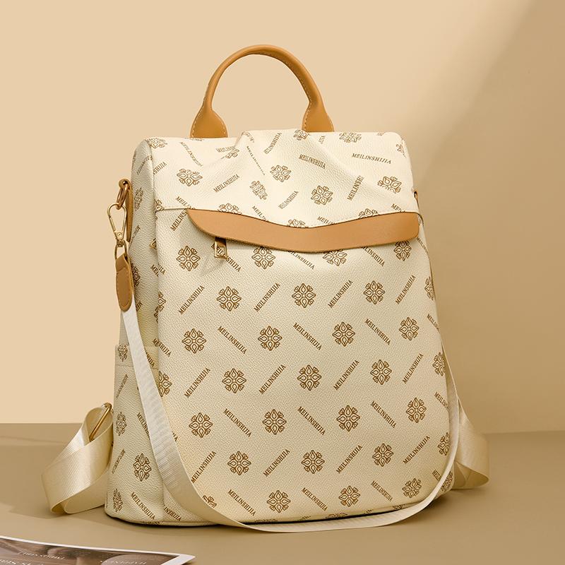 Anti-theft Series Women s Backpack Fashion College Style PU Leather Backpacks for Girls Trendy Letter Printed Lady Shoulder Bags бежевый