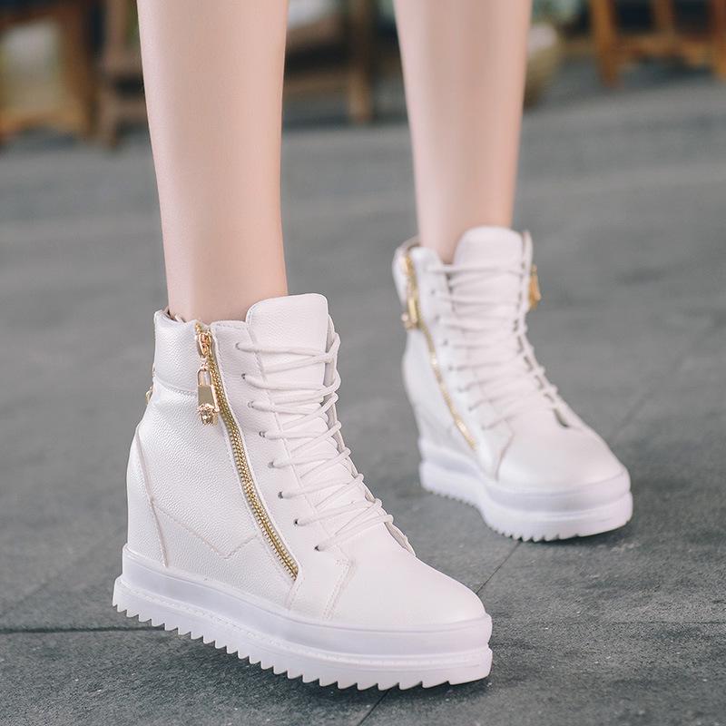 Women's Casual Sports Shoes High-top Side Zipper Comfortable Walking Shoes Female Inner Height-increasing Shoes
