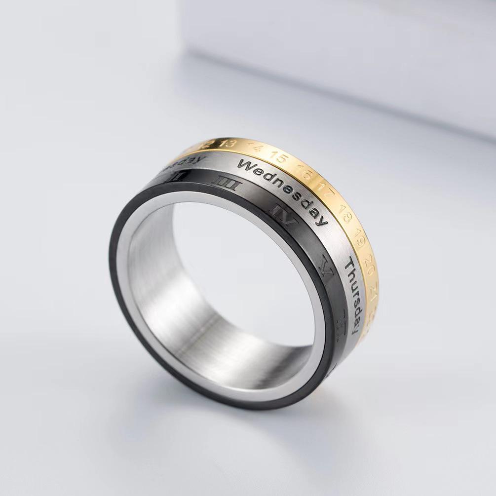 Men's Tricolor Roman Numeral Rotating Calendar Ring in Titanium Steel