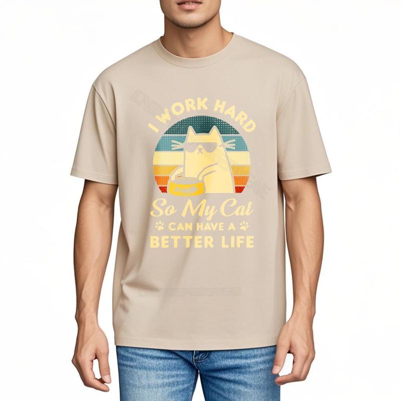 Tee shirt Graphic Breathable Tee Work Hard For Cat Life Cotton Round Neck Tee Cool Men's T-shirt Travel