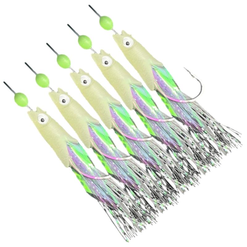 5Pcs Glows Fishhooks Fishing Hook for Salt/Freshwater, Luminous Fishing Rig Fishing Lures Baits Rig Fish Skin Sea Rig