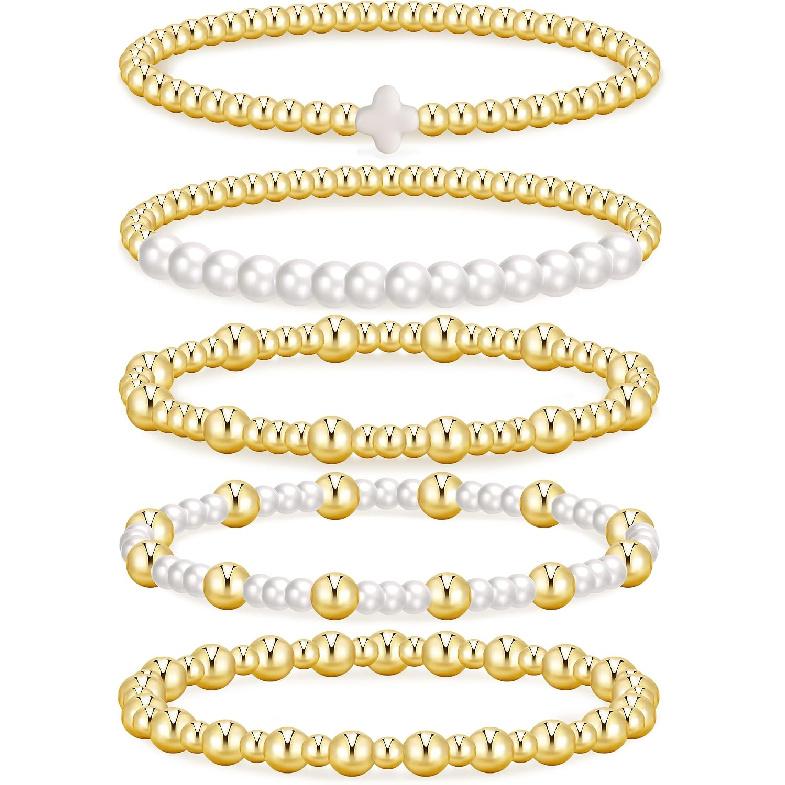 Gold Beaded Bracelets for Women, 14K Real Gold Plated Jewelry for Women Dainty Pearl Bead Bracelets Stack, Non Tarnish Trendy Stackable Ball Cross