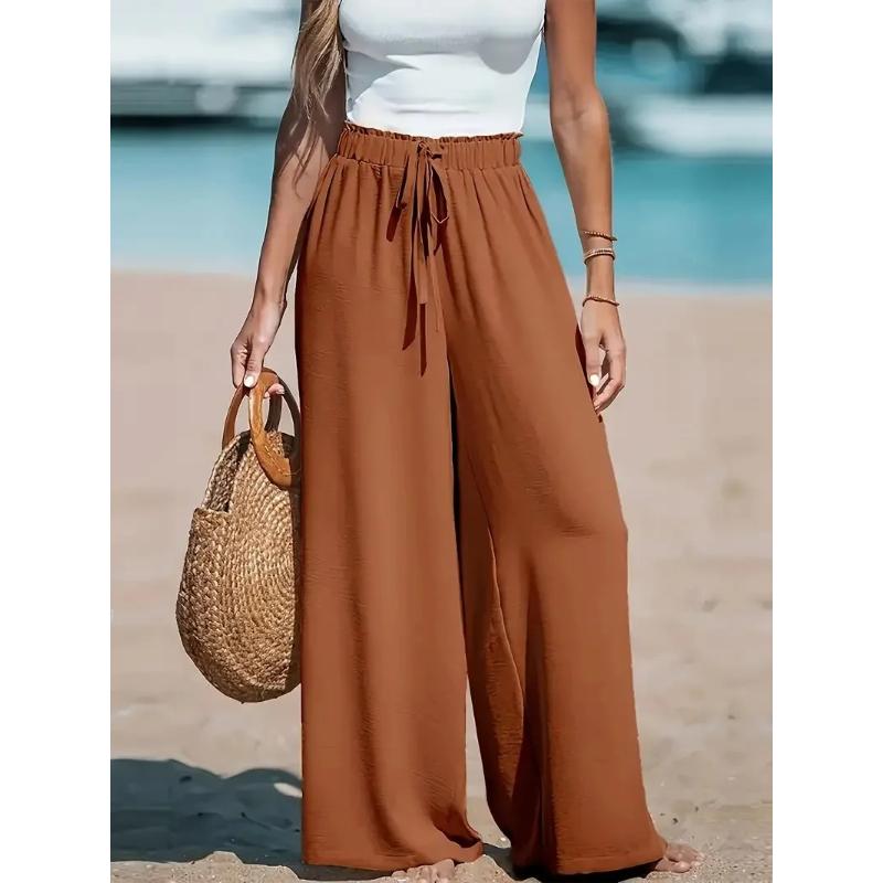 Vacation Style Cotton Linen Wide Leg Pants Women's High Waist Elasto Drawstring Design Loose Dipping Sense Straight Casual Beach