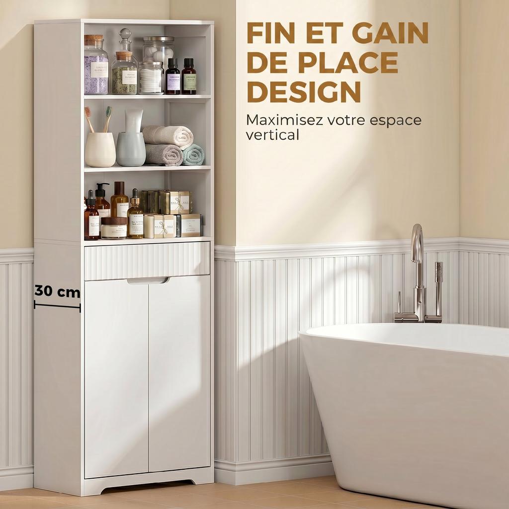 Tall Bathroom Cabinet, 2 Soft-Close Doors, Drawer, 3 Open Compartments, Adjustable Shelves, White