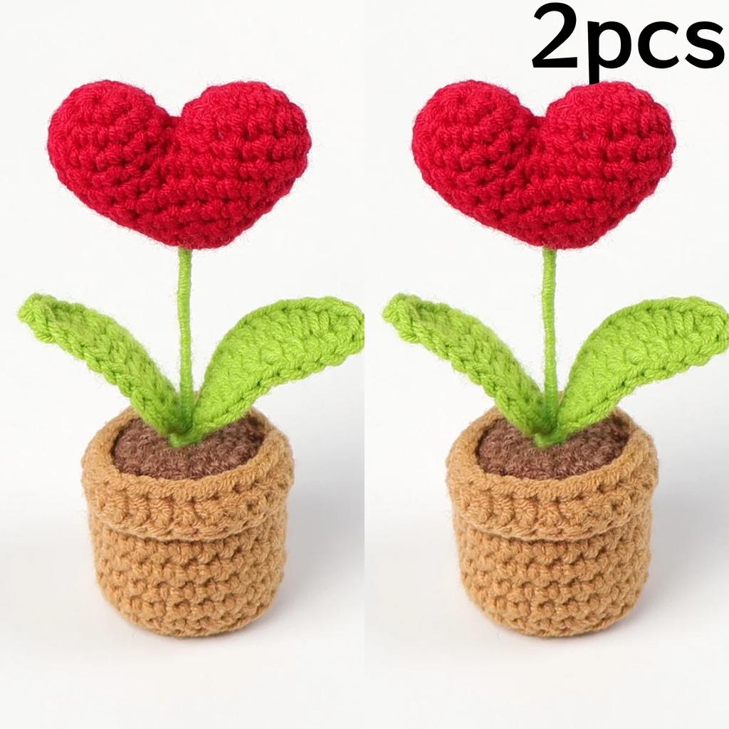Lot de 1 ou 2 pots de fleurs tricotés à la main en forme de cœur rouge, imitation plante en pot, pour la Saint-Valentin, décoration de bureau ou de maison